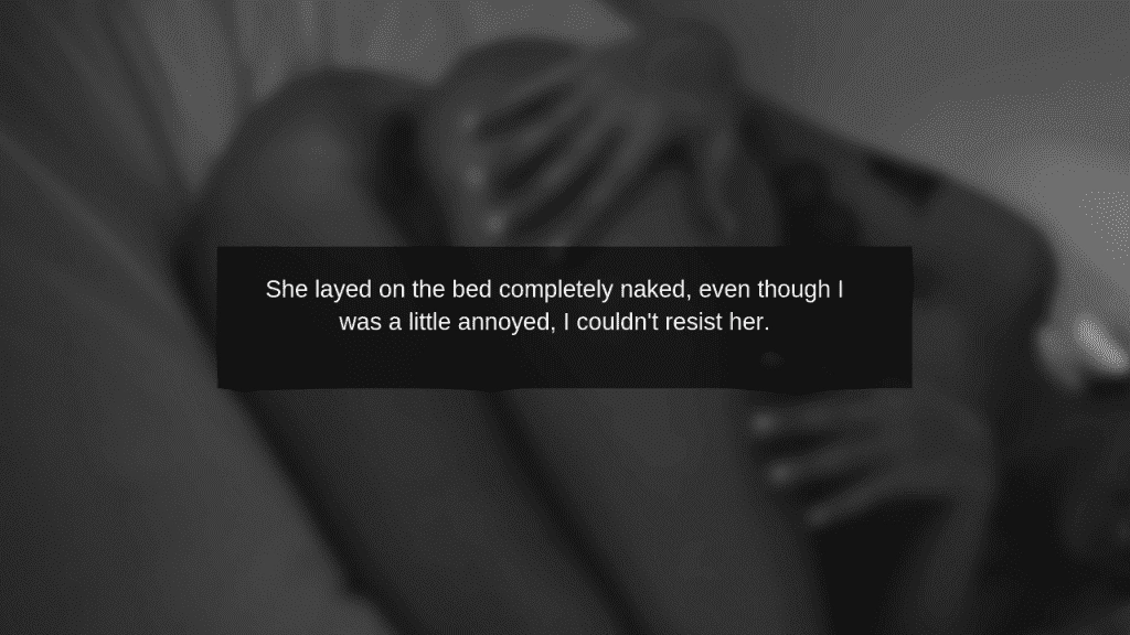 caption text with a background of a woman laying on a bed