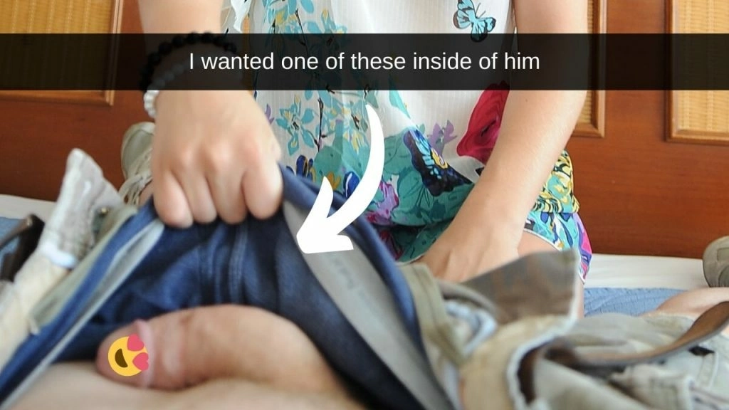 woman revealing mans penis underneath pants