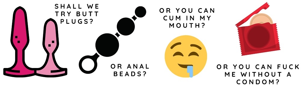 cartoon of butt plugs, anal beads and condom