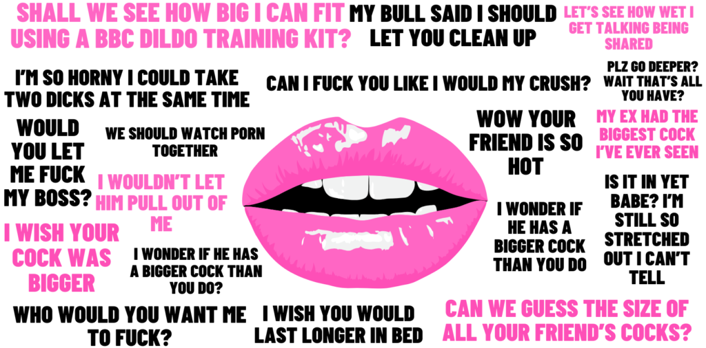 Things you can say to a cuckold surrounding a cartoon pair of pink lips.