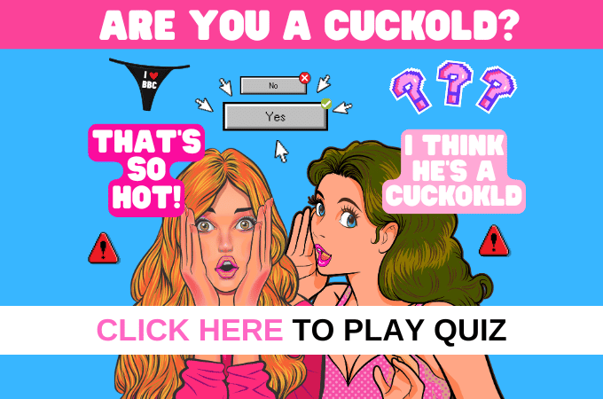 cartoon of two hot woman talking about a guy being a cuckold with big text that says: are you a cuckold?