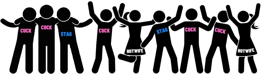 illustration of cuckolds, stags and hotwives all embracing each other